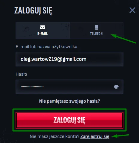 quick log in form